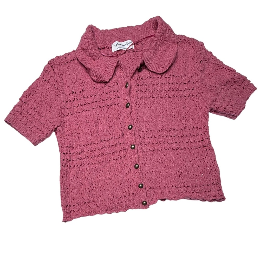 Free People Pink Pointelle Short Sleeve Button Front Cardigan Sweater Small T9